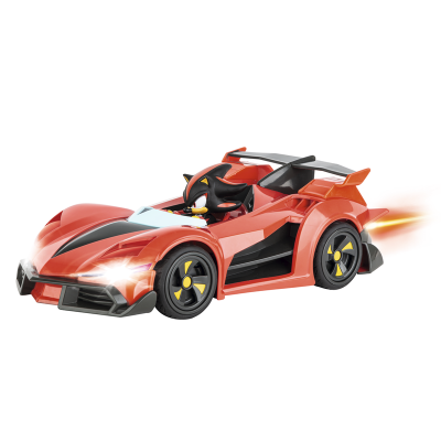 Carro de brinquedo vermelho com figura Shadow ao volante e efeito de chama