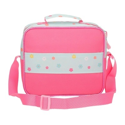 Bolsa termica rosa com faixa cinza clara decorada com flores coloridas