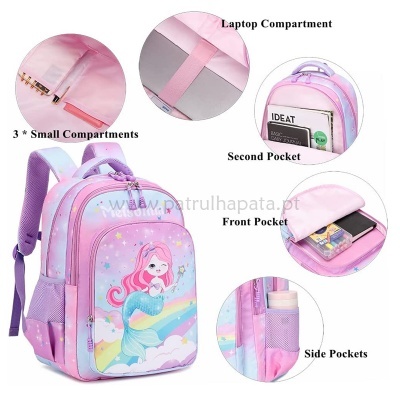 Mochila infantil cor-de-rosa com desenho de sereia e vários bolsos