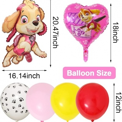 Conjunto de balões temáticos de cachorro e balões coloridos variados com medidas indicadas.