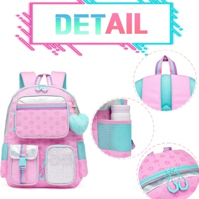 Mochila rosa com padrão de estrelas e detalhes azuis