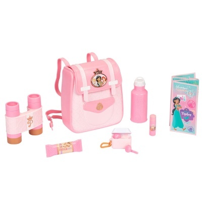Conjunto de brinquedos rosa com mochila, binóculos, garrafa, batom, compacto, barra energética e livro de princesas