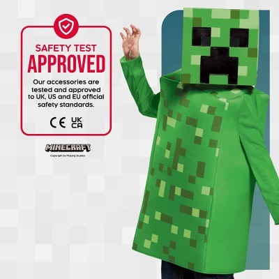 Fantasia infantil Minecraft do personagem Creeper em verde pixelado com selo de segurança.