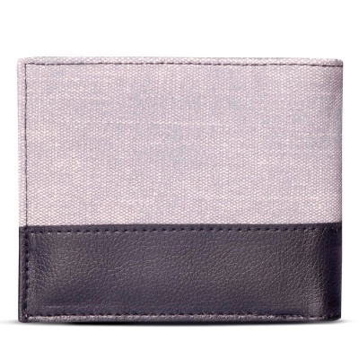 Carteira masculina tecido cinzento claro e couro preto com costuras visíveis
