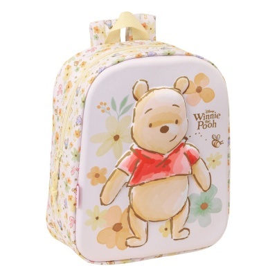 Mochila infantil branca com estampa do Ursinho Pooh e flores coloridas.