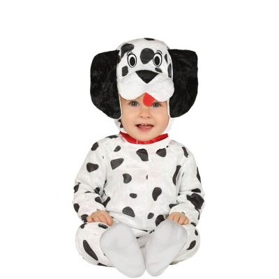Fato de criança dálmata com capuz de cão e padrão branco com manchas negras