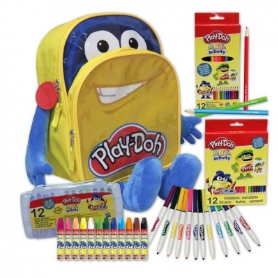 Conjunto Play-Doh com mochila de personagem azul e amarelo, lápis, marcadores e pastéis de cera