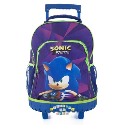 Mochila de rodas roxa com desenho de Sonic Prime e detalhes verdes e azuis