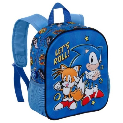 Mochila azul com desenho Sonic e Tails e texto LET'S ROLL!