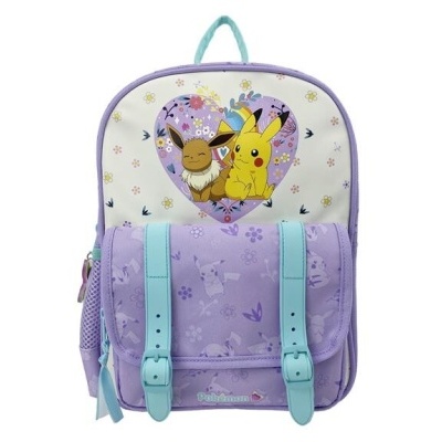 Mochila infantil lilás com imagem de Pikachu e Eevee e alças turquesa
