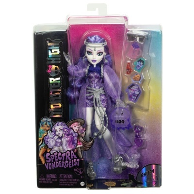 Boneca Monster High Spectra Vondergeist em embalagem com acessórios e fundo colorido