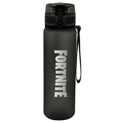 Garrafa desportiva preta com tampa e pega, texto Fortnite
