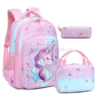 Conjunto de mochila, estojo e marmiteira com unicórnio em rosa e azul