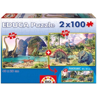 Caixa de puzzle EDUCA 2x100 peças com imagens de dinossauros em paisagens naturais
