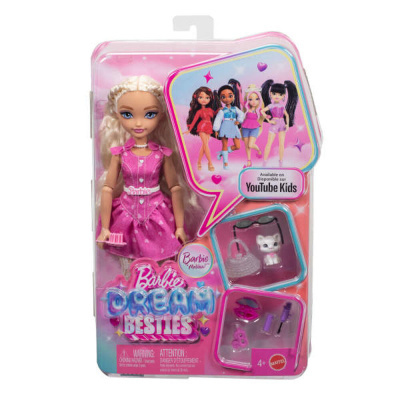 Boneca Barbie com vestido rosa e acessórios em embalagem de plástico