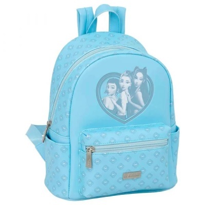Mochila azul clara com bolso frontal e imagem de três personagens femininas