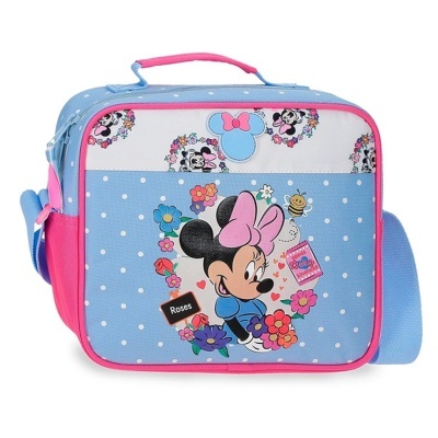 Bolsa térmica infantil azul com bolinhas e imagem da Minnie Mouse rodeada de flores