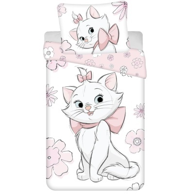 Jogo de cama infantil com gato branco e flores cor-de-rosa