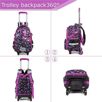 Mochila trolley roxa com alça e rodas, vista de frente, lado, trás e base.