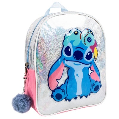 Mochila holográfica com personagem Stitch azul e pompom cinzento