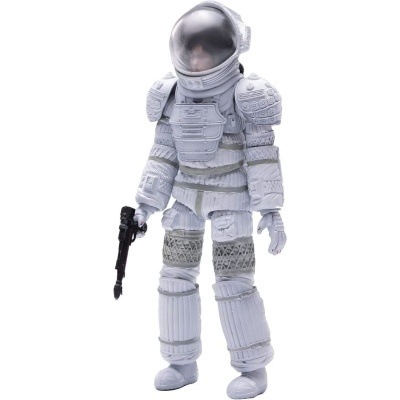 Figura de ação de astronauta em fato espacial branco e cinza com máscara prateada e arma preta.