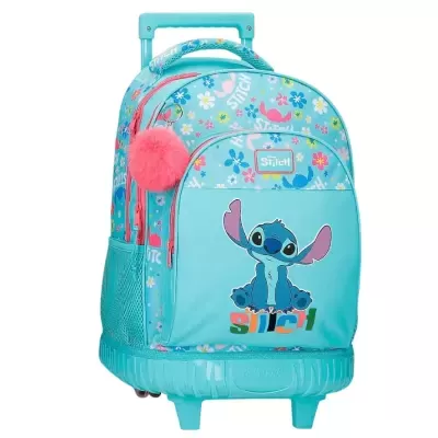 Mochila de rodinhas azul turquesa com estampa de Stitch e flores coloridas