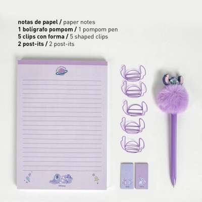 Conjunto de papel de notas, caneta com pompom, clips e post-its cor de roxo