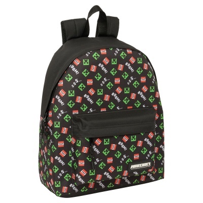 Mochila preta com padrão de Minecraft e bolso frontal