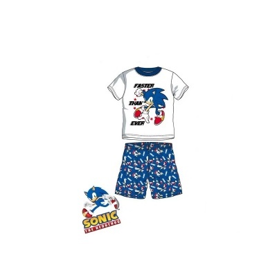 Pijama infantil branco e azul com estampado do Sonic e texto, calções com padrão azul do Sonic