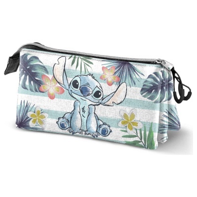 Estojo retangular com ilustração da personagem Stitch e padrão de folhas e flores