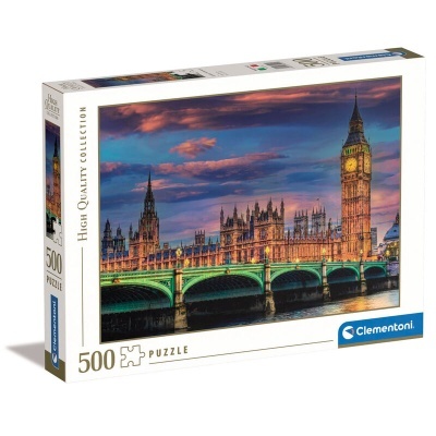 Caixa de quebra-cabeças Clementoni 500 peças com imagem do Palácio de Westminster e Big Ben ao entardecer