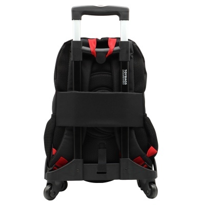 Mochila preta e vermelha com carrinho com rodinhas e alça extensível