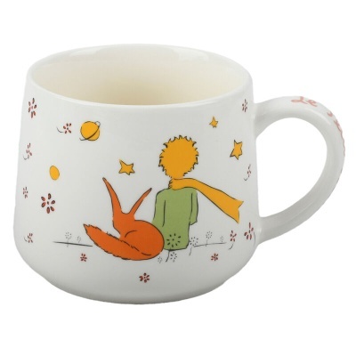 Caneca branca com ilustração do Pequeno Príncipe e raposa sentados