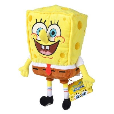 Pelúcia do personagem Bob Esponja com corpo quadrado amarelo e roupas coloridas
