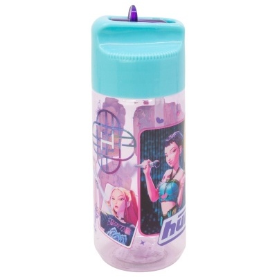 Garrafa de plástico transparente com tampa azul e imagem de personagens femininas