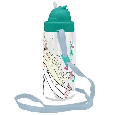 garrafa de plástico com tampa verde e ilustração de rapariga