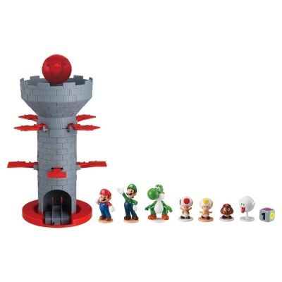 Conjunto de brinquedos da Super Mario com torre cinzenta, figuras e dado colorido