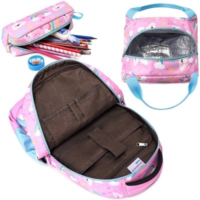 Mochila, estojo e lancheira cor-de-rosa com padrão de unicórnio, arco-íris e estrelas