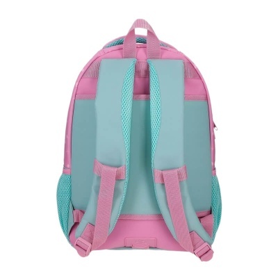 Mochila rosa e azul claro vista de trás