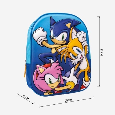 Mochila azul com personagens Sonic, Tails e Amy em relevo