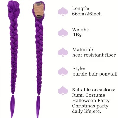 Extensão de cabelo trançado roxo com presilha e informações de produto
