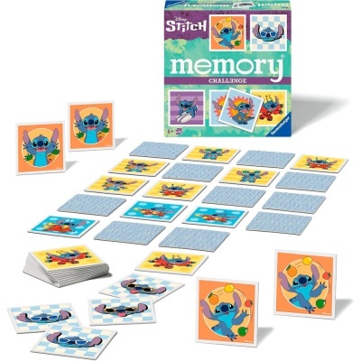 Jogo de cartas memory Disney Stitch com várias cartas e embalagem colorida.