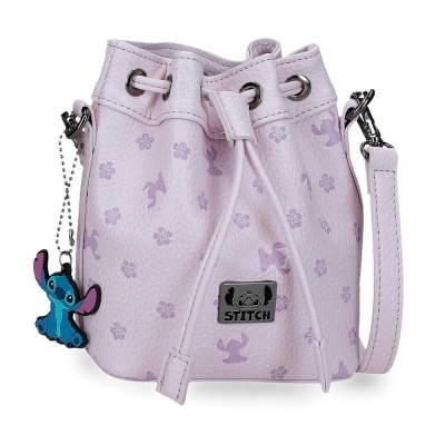 Mala saco cor-de-rosa claro com estampado Stitch e flores lilases