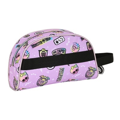 Necessaire lilás com padrão colorido de caveiras e texto MONSTER HIGH
