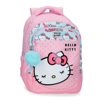 Mochila rosa com estampas Hello Kitty e pompom azul claro