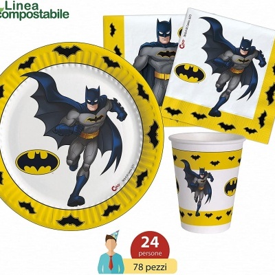 Conjunto de festa Batman com prato, copo e guardanapo compostáveis amarelos, brancos e pretos com símbolos do Batman