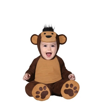 Bebé com fato de macaco castanho e bege sentado