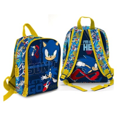 Mochila infantil azul e amarela com estampas do Sonic e texto em inglês.
