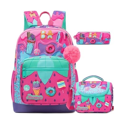 Conjunto mochila, bolsa térmica e estojo com padrão de doces e cores rosa, roxo e verde