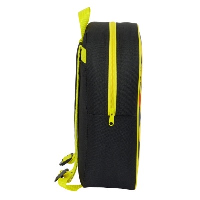 Mochila infantil preta com detalhes amarelos vista de lado